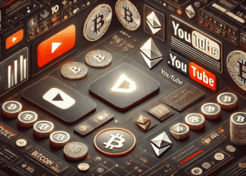 Minimalistische visualisatie van de top 10 Nederlandse crypto YouTube-kanalen met YouTube-icoon, crypto-symbolen en .nl-accent.