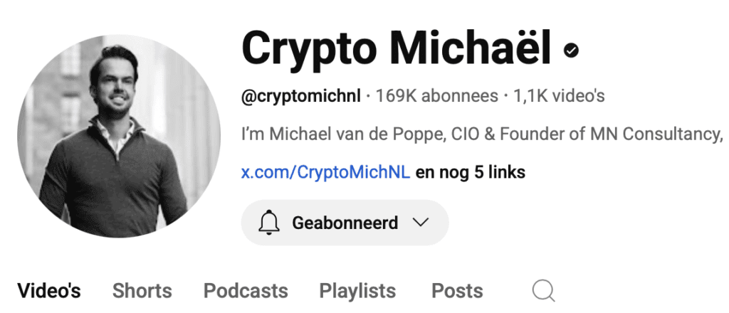 Screenshot van het YouTube-kanaal van Crypto Michaël met 169K abonnees. Profielfoto in zwart-wit en beschrijving waarin Michael zich voorstelt als CIO en oprichter van MN Consultancy. Link naar X (voorheen Twitter) en meerdere video’s zichtbaar.