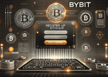 Futuristische weergave van het registratieproces op Bybit, met een verlicht aanmeldscherm en blockchain-elementen.