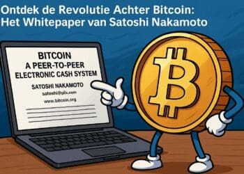 Cartoon van een Bitcoin-mascotte die wijst naar het originele Bitcoin-whitepaper op een laptop, in crypto-karikatuurstijl.