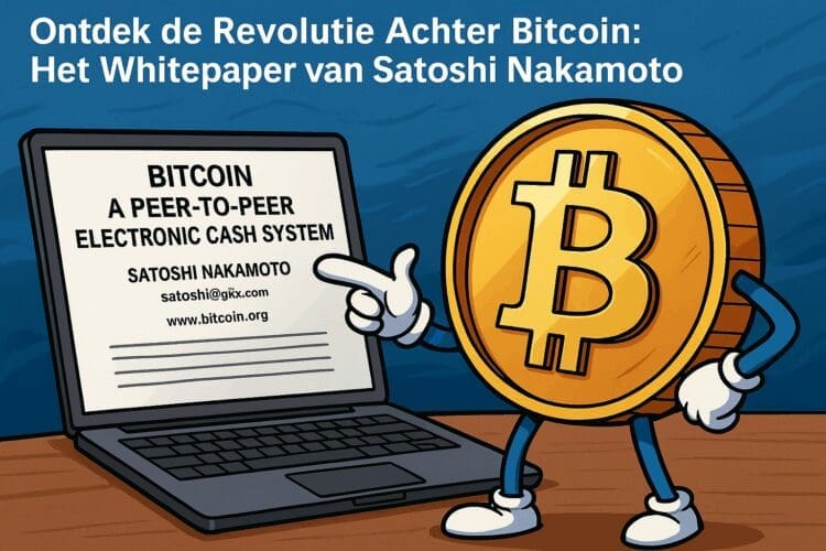 Cartoon van een Bitcoin-mascotte die wijst naar het originele Bitcoin-whitepaper op een laptop, in crypto-karikatuurstijl.