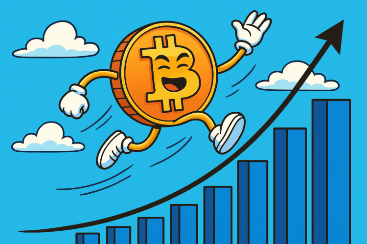 Cartoon Bitcoin springt blij over stijgende grafiekbalken, als metafoor voor de langetermijnopbouw via Dollar-Cost Averaging