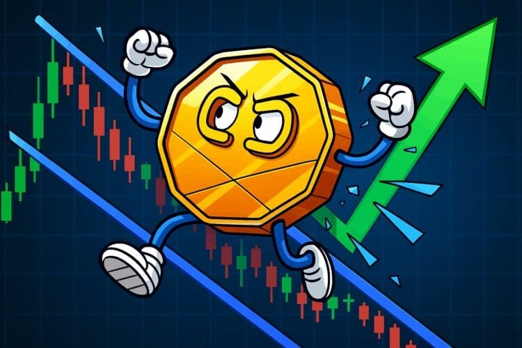 Cartoon van een gouden cryptomunt die krachtig uitbreekt uit een falling wedge patroon met groene stijgpijl op de achtergrond.