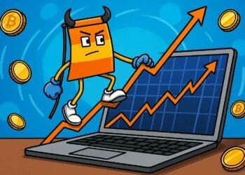 Cartoon van een bull flag-karakter dat een stijgende grafieklijn beklimt op een laptop, omringd door Bitcoin-munten, als symbool voor een opwaartse crypto trend.