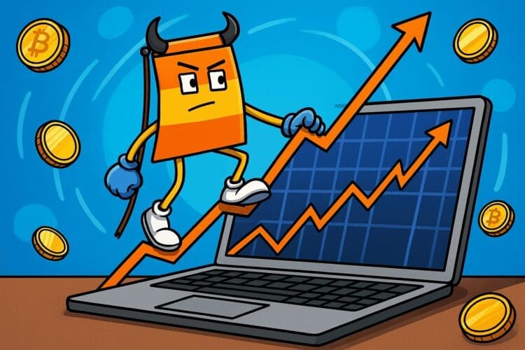 Cartoon van een bull flag-karakter dat een stijgende grafieklijn beklimt op een laptop, omringd door Bitcoin-munten, als symbool voor een opwaartse crypto trend.