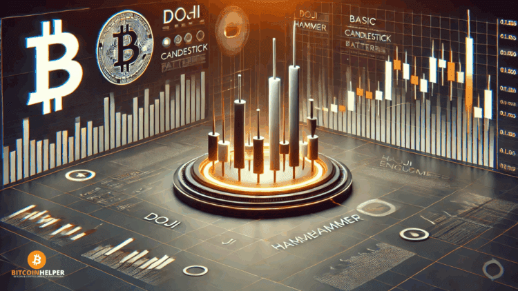 Hier zijn twee visuals waarin candlestick patronen centraal staan, perfect als basishandleiding! Je ziet duidelijk herkenbare vormen zoals Doji, Hammer en Engulfing, in een futuristische, cleane stijl — helemaal in lijn met jullie visuele lijn.