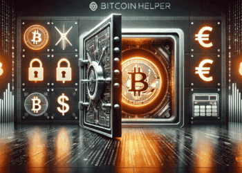 Futuristische vergelijking tussen de veiligheid van Bitcoin en traditionele valuta, met een digitale kluis en beschadigde fiat-symbolen