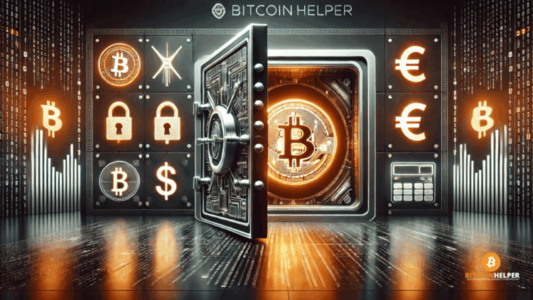 Futuristische vergelijking tussen de veiligheid van Bitcoin en traditionele valuta, met een digitale kluis en beschadigde fiat-symbolen