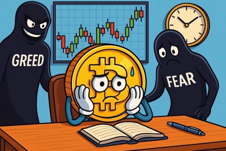 Cartoonillustratie in landscape van een nerveuze Bitcoin-munt achter een bureau, omringd door de personificaties van “Greed” en “Fear”, met een candlestick-grafiek en een tikkende klok op de achtergrond.