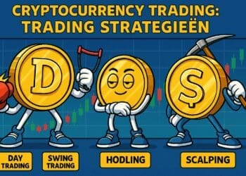 Karikatuurillustratie van vier personages in de vorm van cryptocurrency-munten die elk een andere handelsstrategie uitbeelden: day trading, swing trading, hodling en scalping, tegen een achtergrond van kleurrijke candlestick-grafieken.