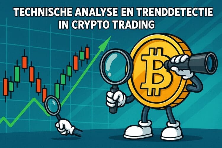 Illustratie in karikatuurstijl van een Bitcoin-personage dat met een vergrootglas en telescoop een stijgende groene trendlijn en candlestick-grafiek onderzoekt, symbool voor het analyseren en herkennen van markttrends.
