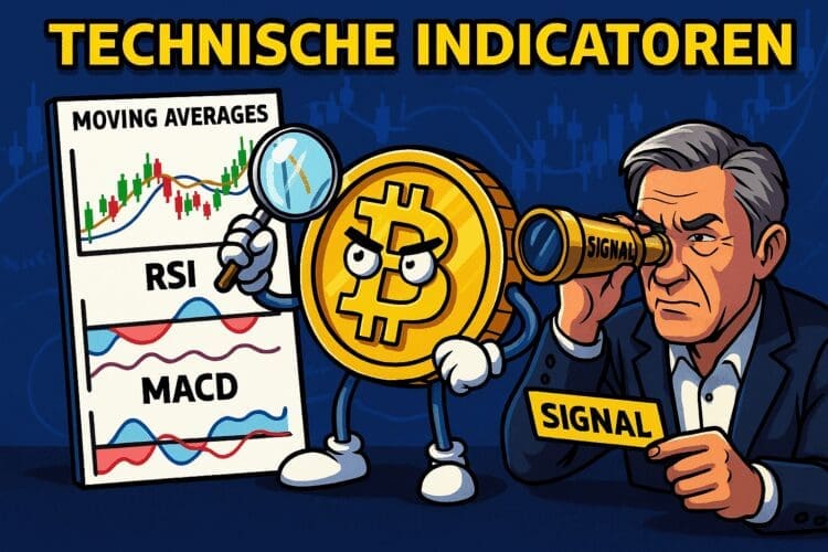 Cartoonstijl crypto-illustratie met een Bitcoin-personage dat technische indicatoren zoals Moving Averages, RSI en MACD onderzoekt, terwijl een zakenman door een telescoop met het woord 'SIGNAL' kijkt.