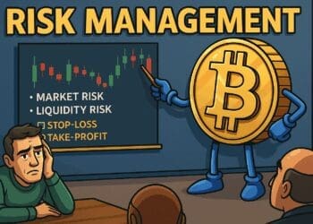 Cartoonstijl crypto-illustratie van een trader die met een schild ‘kapitaal’ beschermt tegen vallende rode kaarsen, symbool voor risk management in cryptocurrency trading.