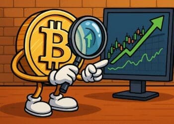 Cartoonillustratie van een Bitcoin-muntpersonage dat met een vergrootglas en een glimlach een stijgende candlestick-grafiek op een monitor onderzoekt, symbool voor de start in crypto trading.