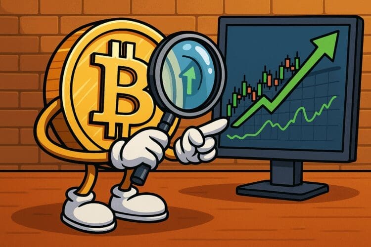 Cartoonillustratie van een Bitcoin-muntpersonage dat met een vergrootglas en een glimlach een stijgende candlestick-grafiek op een monitor onderzoekt, symbool voor de start in crypto trading.