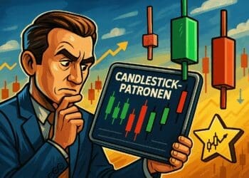 crypto-karikatuur van een trader die een tablet bekijkt met candlestick-patronen, omringd door groene en rode candles en stijgende en dalende markttrends.