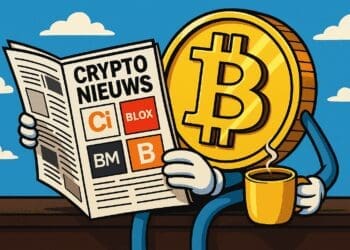 Karikatuur van een Bitcoin-mascotte die een krant leest met de titel "Crypto Nieuws" en logo’s van Nederlandse crypto-nieuwsplatforms.