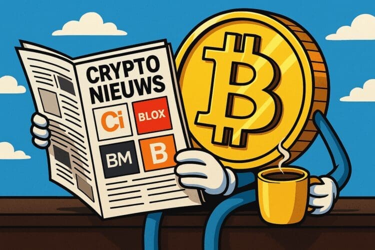 Karikatuur van een Bitcoin-mascotte die een krant leest met de titel "Crypto Nieuws" en logo’s van Nederlandse crypto-nieuwsplatforms.