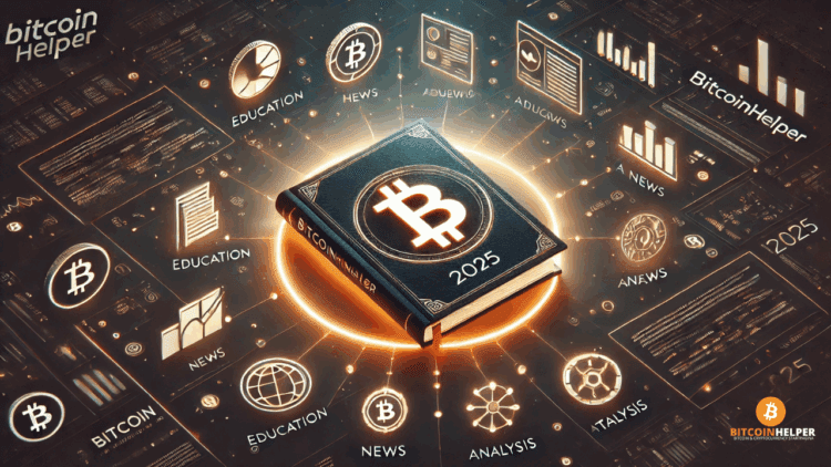 Futuristische weergave van BitcoinHelper 2025 als ultieme gids voor betrouwbare crypto-informatie, met centraal digitaal dashboard en educatieve iconen.