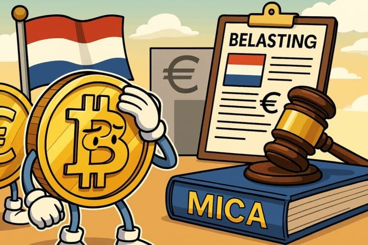 Cartoonachtige illustratie van Bitcoin en andere cryptomunten die geconfronteerd worden met Nederlandse belastingregels en de MiCA-wetgeving.