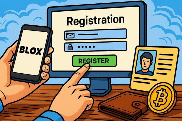 Karikatuur van een persoon die zich registreert voor de BLOX crypto-app op smartphone en computer, met ID-kaart, Bitcoin-munt en registratieformulier op een kleurrijke achtergrond.