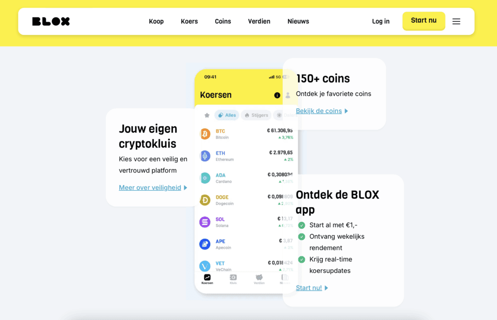 Scherm van de BLOX-app met actuele koersen van Bitcoin, Ethereum en andere munten, naast tekst over de persoonlijke cryptokluis en het ontdekken van de BLOX-app.