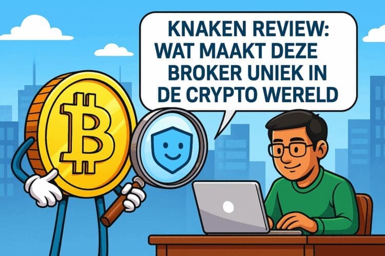 Cartoonachtige blogafbeelding in Cointelegraph-stijl met een Bitcoin-karakter dat door een vergrootglas naar het Knaken-logo kijkt, naast een handelaar achter zijn laptop met de tekst “Knaken Review: Wat maakt deze broker uniek in de crypto wereld”.