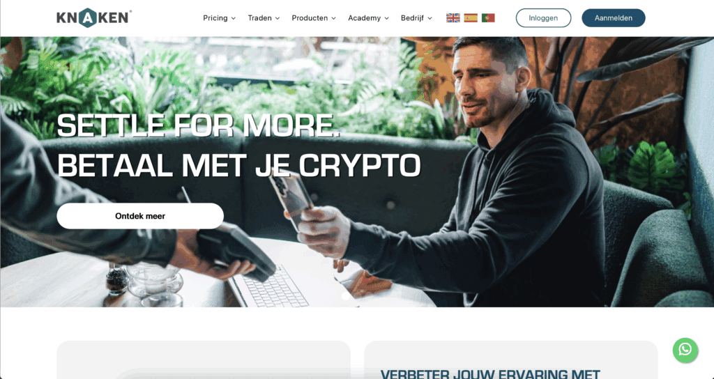 Screenshot van de Knaken website met promotie van investeringen en de Settle-functie, inclusief tekst “Verbeter jouw ervaring met crypto” en knop “Meteen van start”.