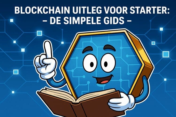 Cartoon van een vrolijk blockchainfiguurtje dat een boek vasthoudt en uitleg geeft, tegen een achtergrond van digitale netwerken – educatieve crypto-illustratie zonder jaartal.