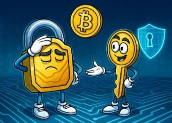 Cartoon van een sleutel en een hangslot in gesprek op een digitaal circuitbord, met een Bitcoin-symbool en een schild met sleutelgat – illustratie van moderne cryptografie en digitale veiligheid zonder tekst.