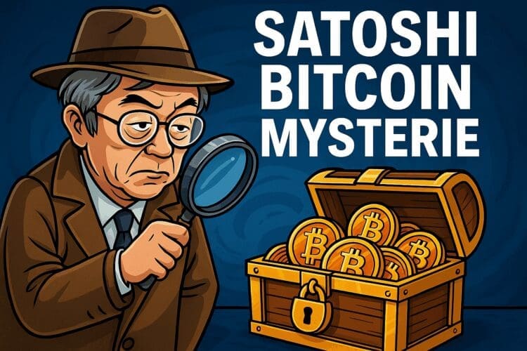 Cartoonachtige afbeelding van een mysterieuze figuur met vergrootglas die naar een schatkist vol bitcoins kijkt, in Cointelegraph-stijl, met de tekst: Satoshi Bitcoin Mysterie