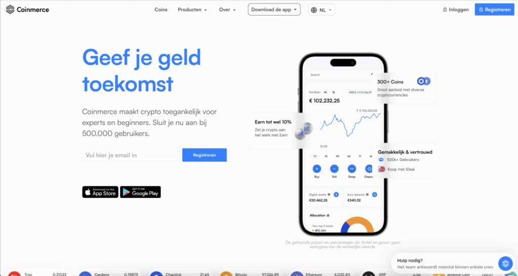 Screenshot van de Coinmerce homepage met een smartphone waarop de app zichtbaar is. Tekst benadrukt 300+ coins, 500.000 gebruikers en de mogelijkheid om tot 10% te verdienen met Earn.
