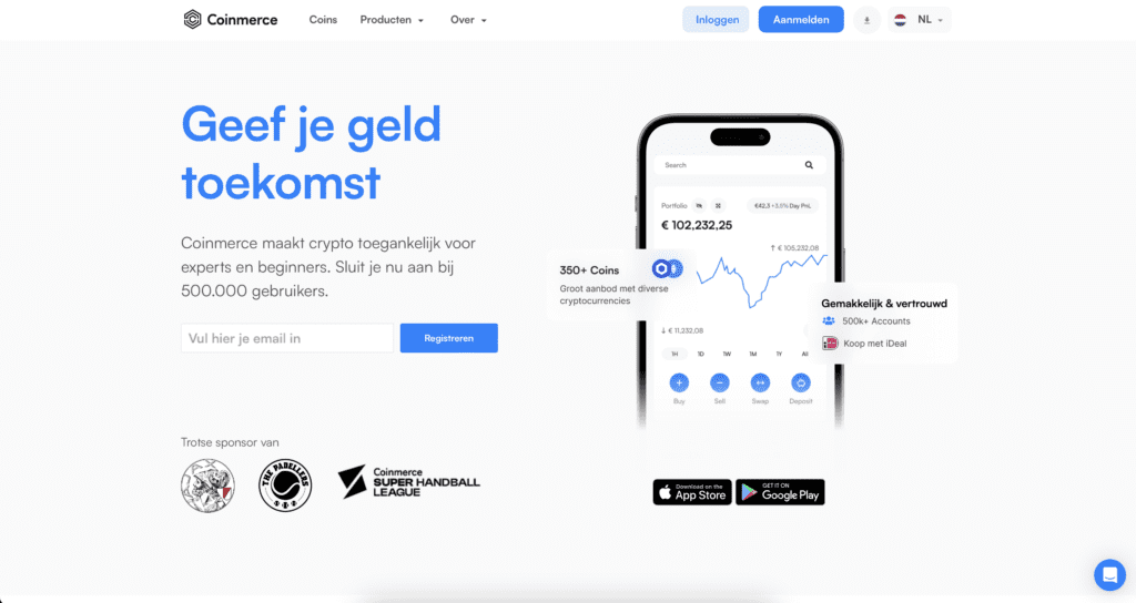 Homepage van Coinmerce in 2026 met overzicht van crypto platform, 350+ coins, iDEAL ondersteuning en mobiele app interface.