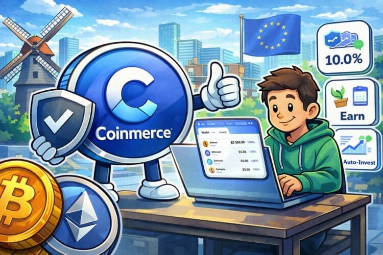 Karikatuurillustratie van Coinmerce als Nederlands crypto platform, met gebruiker die crypto beheert via laptop en visuele elementen voor Earn, Auto-Invest en veiligheid in 2026.