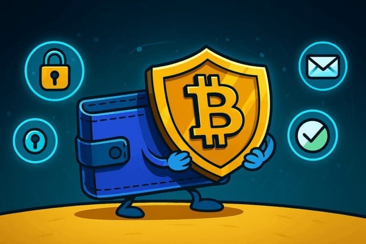 Cartoon van een paarse digitale wallet met armen die een goudkleurig Bitcoin-schild vasthoudt, omringd door iconen voor beveiliging zoals een slot, envelop en vinkje, in een futuristische blauwe achtergrond.