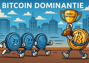 Cartoon van Bitcoin met een trofee gemarkeerd als 'Marktkapitalisatie', voorop in een race tegen boze altcoins in een stadse setting.