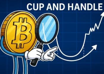 Cartoon van een Bitcoin die met een vergrootglas naar een 'cup and handle' grafiekpatroon kijkt, met stijgende prijsbeweging op de achtergrond