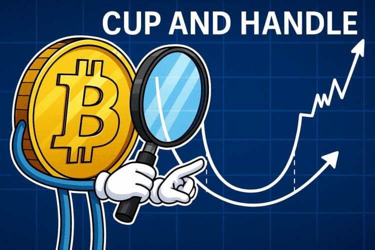 Cartoon van een Bitcoin die met een vergrootglas naar een 'cup and handle' grafiekpatroon kijkt, met stijgende prijsbeweging op de achtergrond