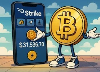 Cartoon van een vrolijke Bitcoin-munt die naast een smartphone met de Strike-app staat, als symbool voor snelle en goedkope betalingen via het Lightning Network.