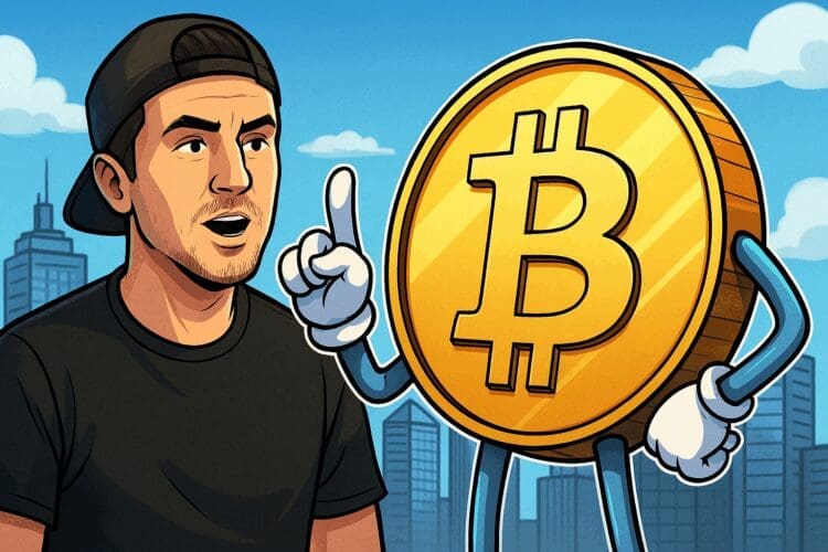 Cartoonachtige illustratie van Jack Mallers die met een geanimeerde Bitcoin-figuur praat, in Cointelegraph-stijl, tegen een stadsachtergrond.