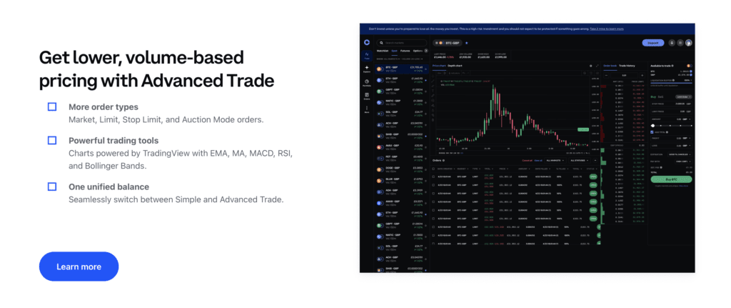 Coinbase-Gebruikersinterfase