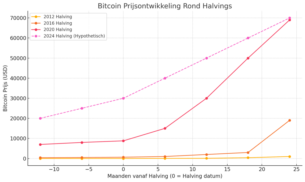 Lijnengrafiek van Bitcoin prijsontwikkeling in Amerikaanse dollars, getoond over een periode van 12 maanden voor tot 24 maanden na de halvings van 2012, 2016, 2020 en een hypothetische voorspelling voor 2024.