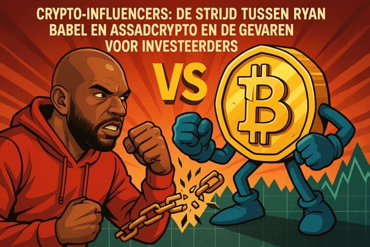 Illustratie van Ryan Babel in rode hoodie tegenover een gepersonifieerde Bitcoin-figuur met blauwe handschoenen. Beiden staan in vechthouding voor een vurige achtergrond met een dalende grafiek, symbool voor conflicten en risico's binnen de wereld van crypto-influencers.