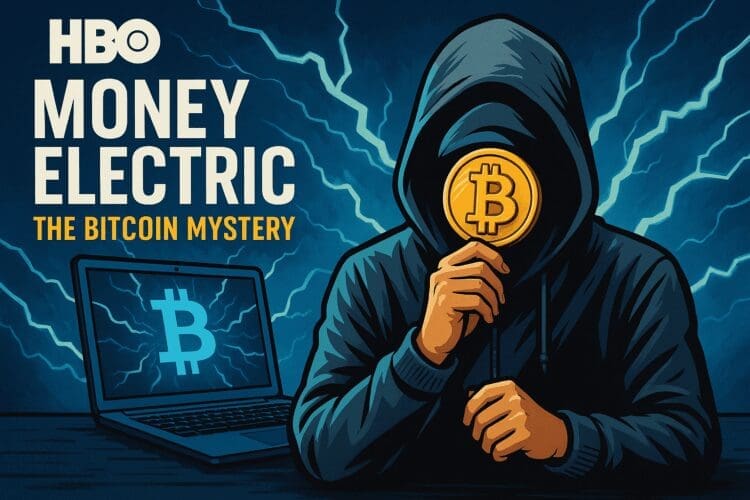 Illustratie van een geheimzinnige figuur in hoodie die een gouden Bitcoin-munt voor zijn gezicht houdt, met op de achtergrond een laptop en elektrische bliksemschichten, verwijzend naar de HBO-documentaire 'Money Electric – The Bitcoin Mystery