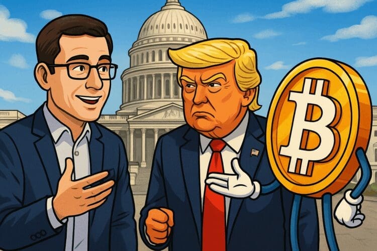 Karikatuur van Arthur Hayes die spreekt met Donald Trump en een geanimeerde Bitcoin, tegen de achtergrond van het Capitool in Washington D.C., als symbolische scène van geopolitiek en cryptobeleid.