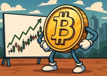 Cartoon van een personificatie van Bitcoin die trots voor een stijgende koersgrafiek staat, met een stadsachtergrond — symbool voor groei, veerkracht en adoptie in de crypto-industrie.