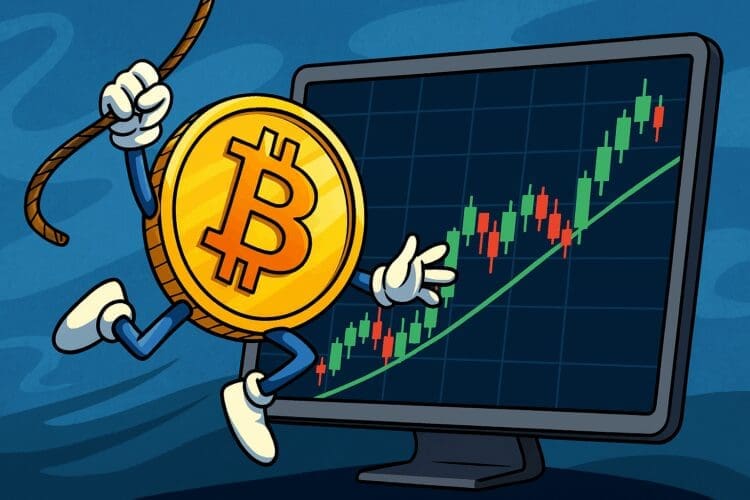 Cartoon van een swingende Bitcoin-munt voor een stijgende candlestick-grafiek op een computerscherm — een speelse metafoor voor swing trading binnen cryptocurrency.