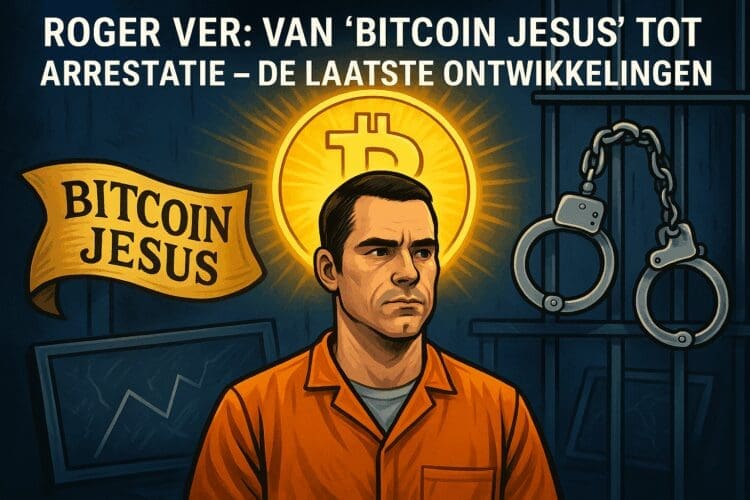 Digitale illustratie van Roger Ver in een oranje gevangenisuniform met een gouden Bitcoin-symbool als aureool achter zijn hoofd. Op de achtergrond hangen handboeien voor tralies, een ‘Bitcoin Jesus’-banner en grafieken die neerwaartse trends tonen, verwijzend naar zijn juridische problemen.