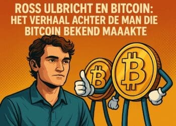 Illustratie van Ross Ulbricht met op de achtergrond twee geanimeerde Bitcoin-symbolen met armen en gezichten, op een feloranje achtergrond. De afbeelding benadrukt zijn rol in de vroege populariteit van Bitcoin.
