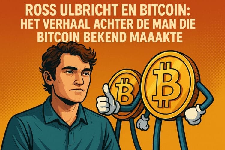 Illustratie van Ross Ulbricht met op de achtergrond twee geanimeerde Bitcoin-symbolen met armen en gezichten, op een feloranje achtergrond. De afbeelding benadrukt zijn rol in de vroege populariteit van Bitcoin.